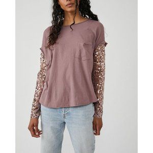 Free People Mauve Long Sleeve Tee with Sequin Sleeves